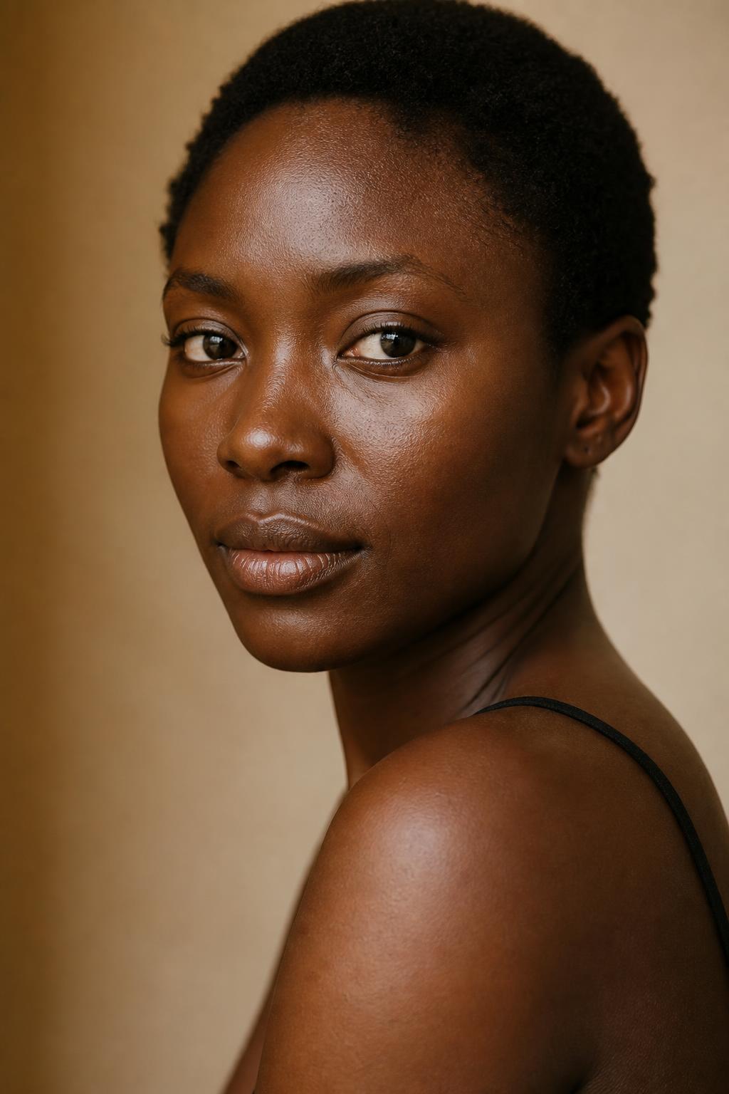 A Black woman in her thirties with deep skin and natural hair, bare skin in warm daylight